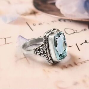 🩵 NEW CZ 4 carat stunning princess cut aqua blue Vintage ring 🩵